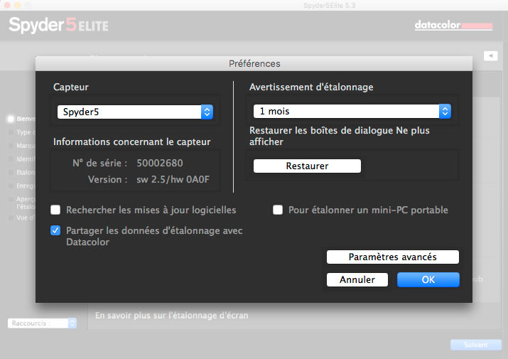 Rappel de l'étalonnage Spyder5Pro