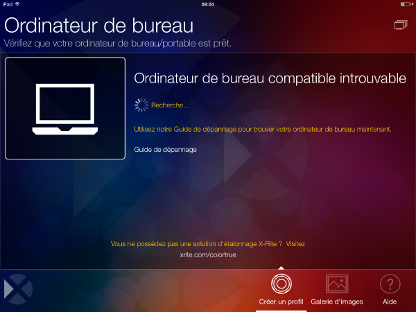 Menu principal de Colortrue pour calibrer la tablette
