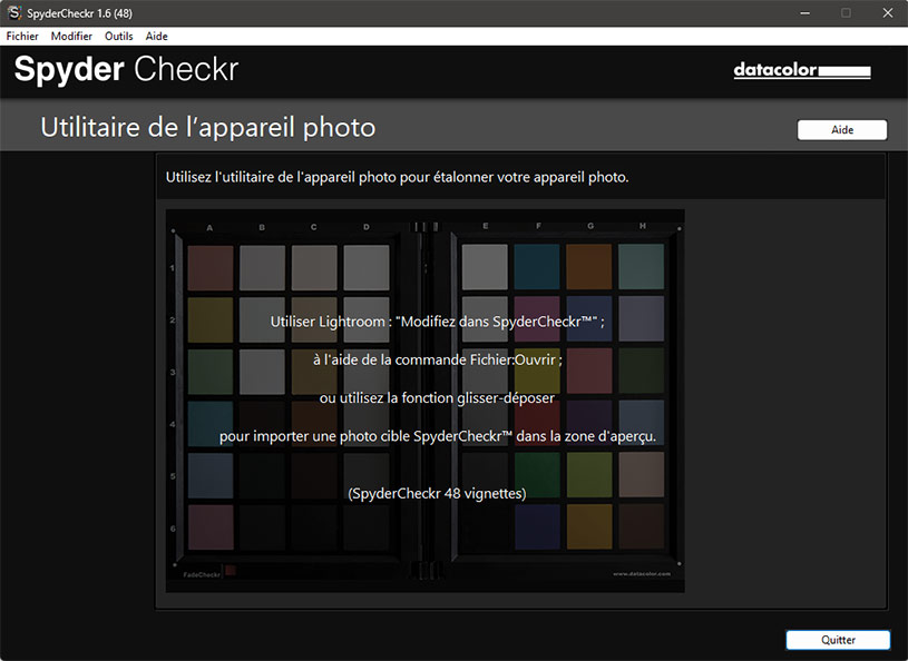 Ouverture de la photo de la ColorChecker Passport dans le logiciel ColorChecker calibration
