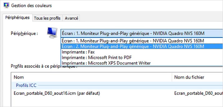 Préférences gestion des couleurs moniteur de Windows 10