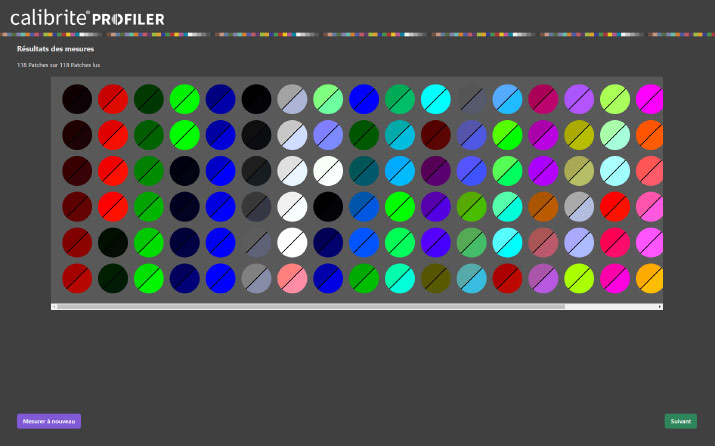 Résultats des mesures après lecture des patchs couleurs dans Calibrite Profiler