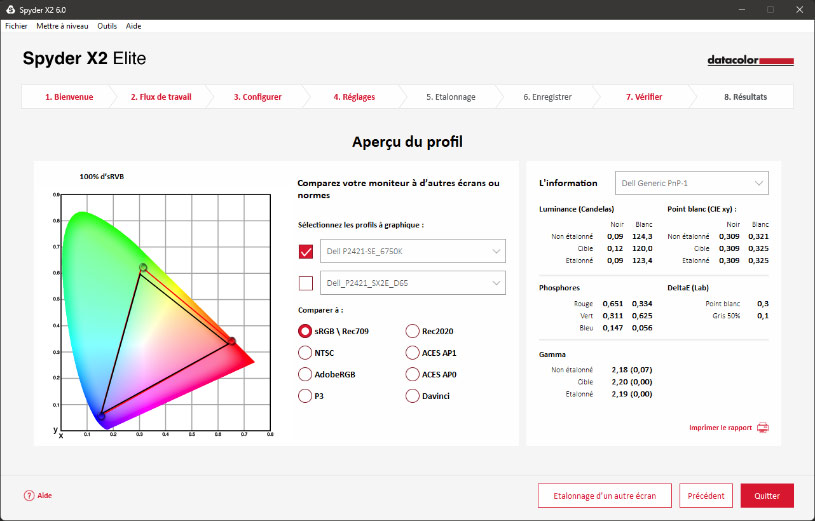 Rapport après calibration écran avec Spyder X2 v6.0 de Datacolor