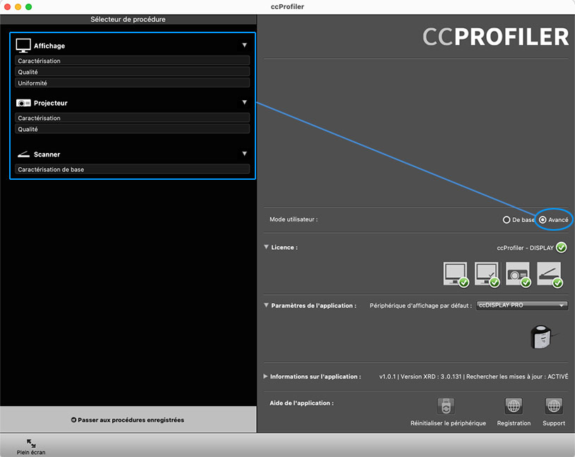 Interface mode utilisateur avancé de ccProfiler de Calibrite