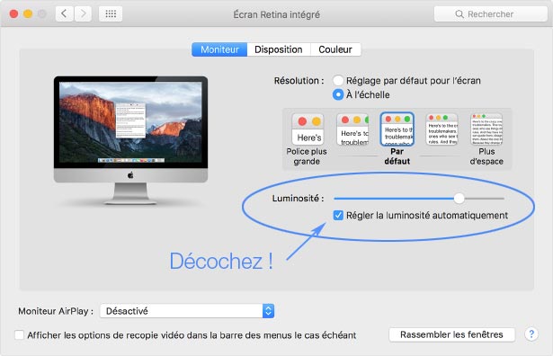 Réglages de la luminosite automatique sur les iMac Apple