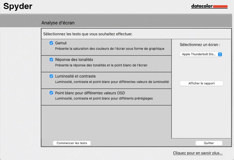 Rapport d'analyse de l'écran après calibrage avec le logicel Spyder Datacolor