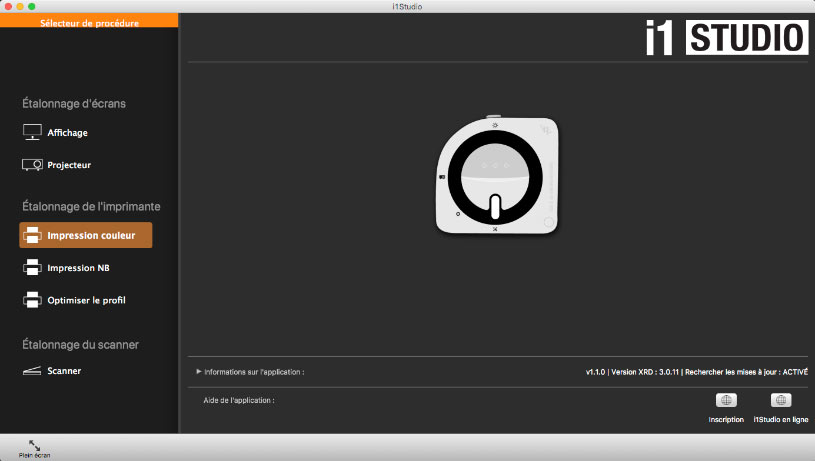 Accueil du logiciel i1Studio