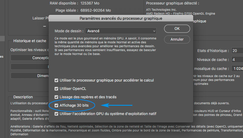 Options affichage 30 bits dans Photoshop pour activer l'affichage 10 bits
