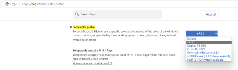 Réglage - Force Color Profils - dans Edge