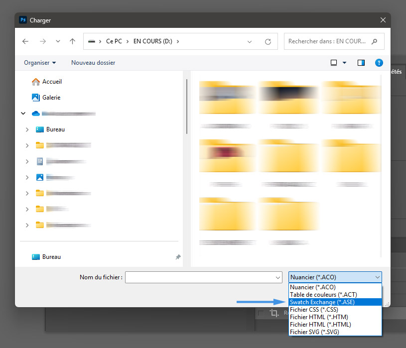 Choisir format ase dans Photoshop pour importer des couleurs depuis Coraye