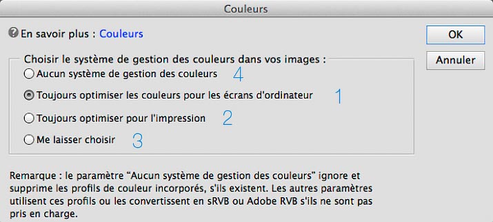 Options de gestion des couleurs de Photoshop Elements