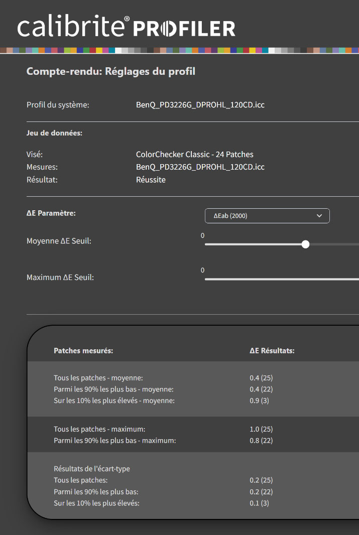 Mesure du Delta E après calibrage du BenQ PD3226G avec la Display PRO HL