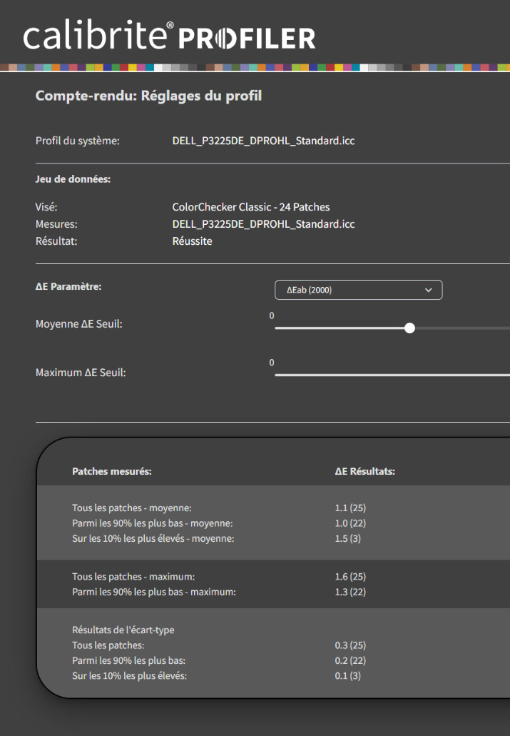 Delta E après calibration du DELL P3225DE avec le Display Pro HL de Calibrite Delta E après calibration du DELL P3225DE avec le Display Pro HL de Calibrite