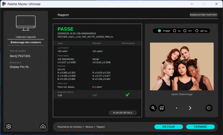 Mesures après calibrage hardware du BenQ PD2730S avec Malette Master Ultimate de BenQ