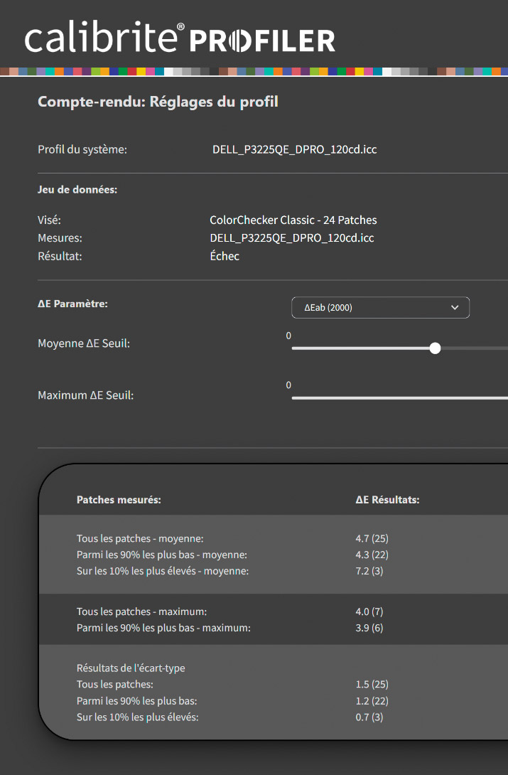 Delta E du Dell P3225QE mesuré après calibrage Delta E du Dell P3225QE mesuré après calibrage