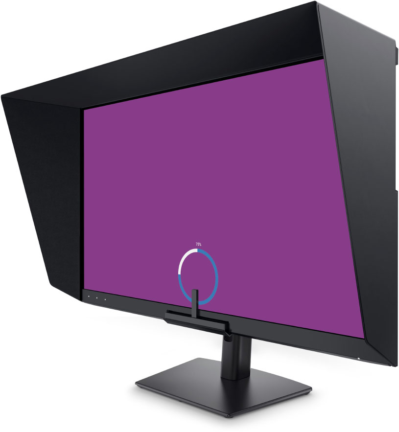 La dalle de l'écran DELL U3226Q et son calibrateur intégré à sa base
