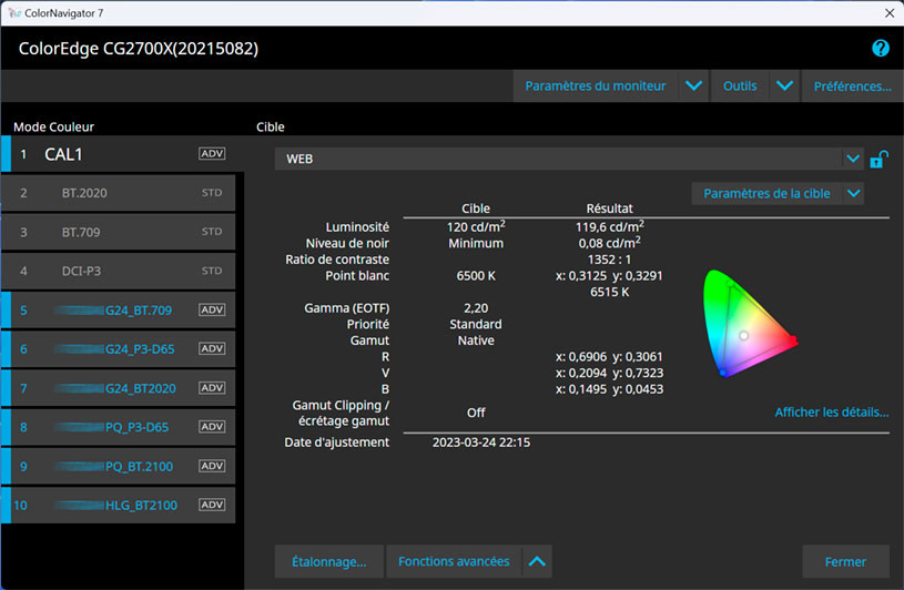 Colornavigator installé sur un Eizo CG2700X et ses valeurs cibles