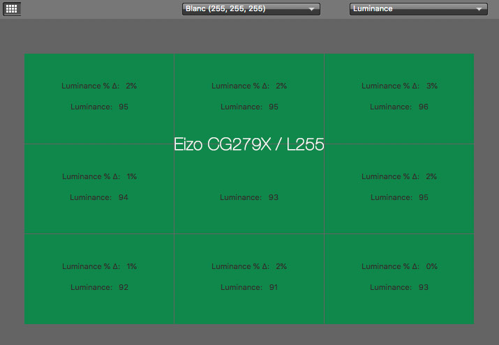 Uniformité en luminance à 255 après calibrage de l'Eizo CG279X avec l'i1Display Pro