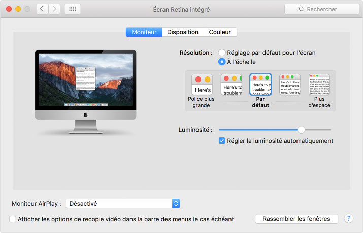 Préférences moniteur des iMac Retina et iMac Pro