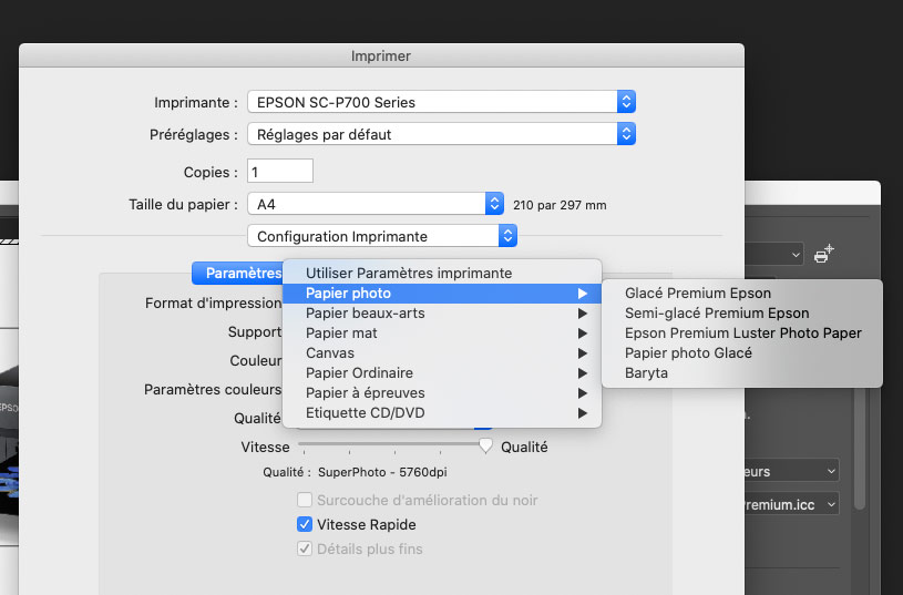 Les différents types de papiers Epson accessibles depuis le driver d'impression de l'Epson SC-P700