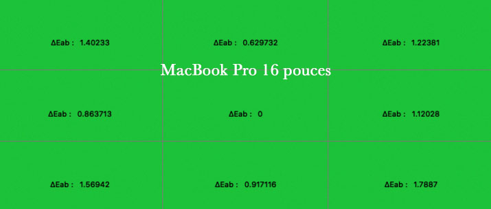 Uniformité en température de couleur après calibrage du MacBook Pro 15 pouces Apple de 2019 avec l'i1Display Pro