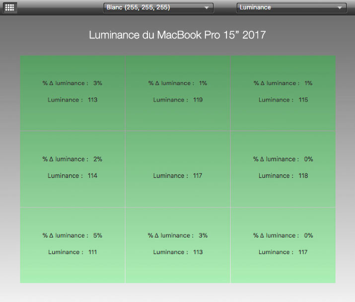 Uniformité en luminance après calibrage du MacBook Pro 15 pouces Apple de 2019 avec l'i1Display Pro
